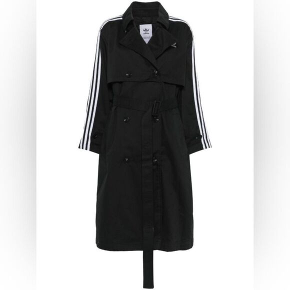 Adidas Originals Twill Trench Coat Black White Three Stripes Women's Small Belt - Picture 9 of 13
